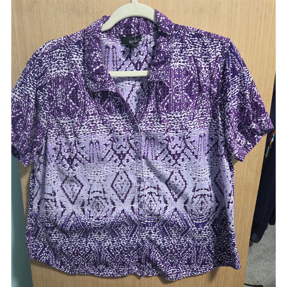 Erika Purple White Abstract Geometric Ombre Button Down Shirt Womens Large L